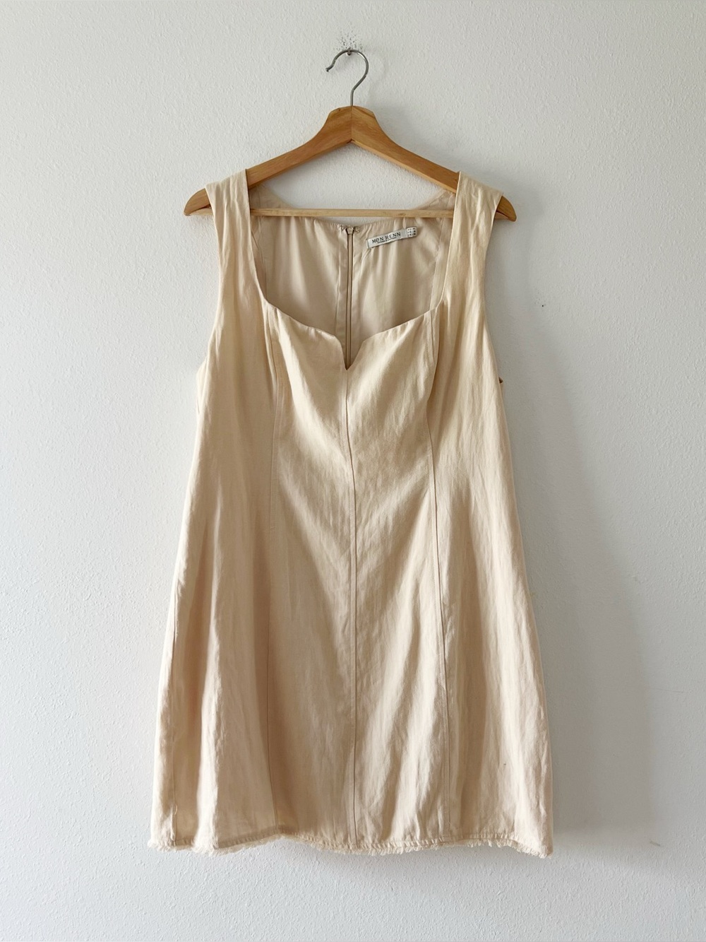 MON RENN | Center Seam Notch Neck Fringe Hem Mini Dress | XL
